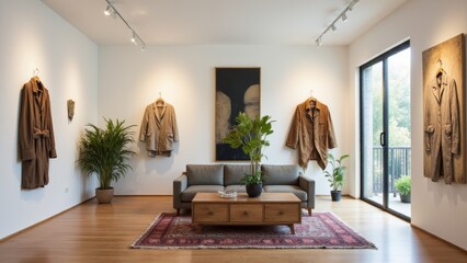 Wall Mural - Reclaimed material jackets showcased with bamboo decor in an airy studio