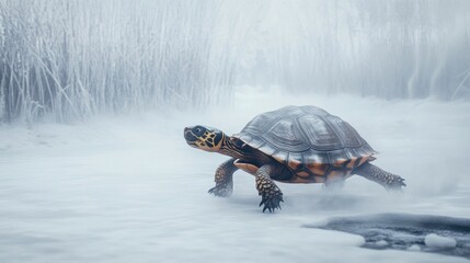 Wall Mural - Tortoise running on snowy ground, winter scene.