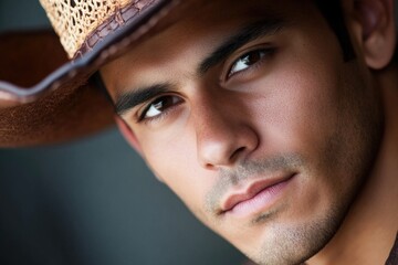 Poster - A close up shot of a cowboy hat worn by a man, great for western-themed designs and projects