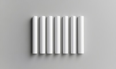 Poster - Minimalist arrangement of seven white cylindrical objects on gray background, showcasing symmetry and simplicity in design