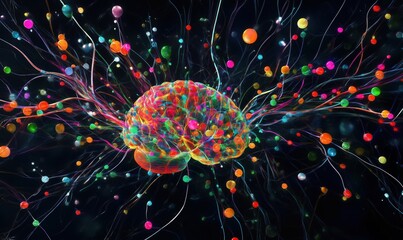 Poster - Colorful abstract brain illustration with vibrant connections and glowing spheres representing neural activity and creativity