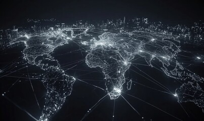 Poster - Global Network Connectivity Visualization, Digital World Map with Illuminated Connections, Data Flow and Communication Lines Across Continents