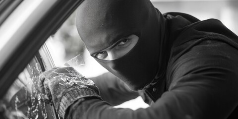 Poster - A person wearing a black mask opens the window of a car, possibly for ventilation or to let in fresh air