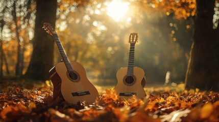 Poster - Two acoustic guitars resting on fallen autumn leaves in a sunlit forest.