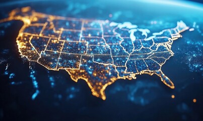 Poster - Illuminated Map of United States with Geographical Borders and City Lights Displaying Urban Areas and Population Density