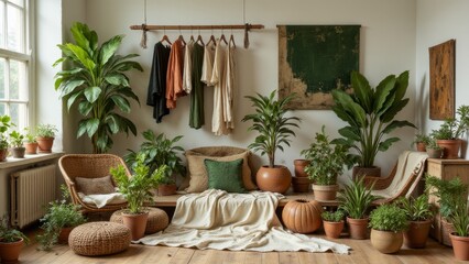 Wall Mural - Plant based textile clothing arranged in an eco inspired studio