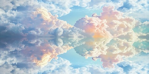 Wall Mural - Aerial view of an airplane soaring through fluffy white clouds against a bright blue background