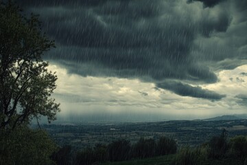 Poster - A dramatic shot of a rainstorm with strong winds, clouds and raindrops