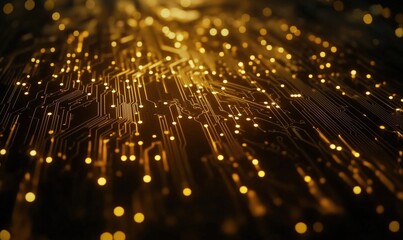 Poster - Golden circuit board design with glowing lights and intricate patterns, representing technology and innovation