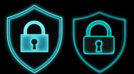 Two glowing teal padlock icons inside shields, one textured, one smooth, on black background.