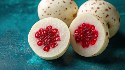 Poster - Two halved white fruits with red seeds, and two whole fruits on teal background.