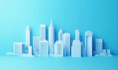 Poster - Minimalist city skyline silhouette in blue tones, featuring various skyscrapers and buildings with a clean, modern design