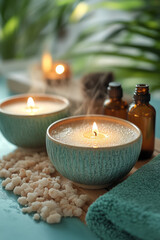 Poster - A relaxing bath scene, candles flickering, essential oils and salts lined up on the side, soft steam rising,