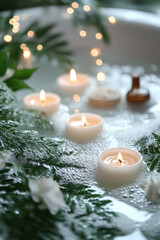 Poster - A relaxing bath scene, candles flickering, essential oils and salts lined up on the side, soft steam rising,