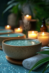 Poster - A relaxing bath scene, candles flickering, essential oils and salts lined up on the side, soft steam rising,