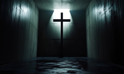 Wall Mural - Illuminated Cross in Dark Room, Symbolizing Hope and Faith, Surrounded by Shadows and Concrete Walls