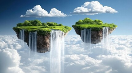 Sticker - Two lush, floating islands with waterfalls cascading into clouds, under a vibrant blue sky.