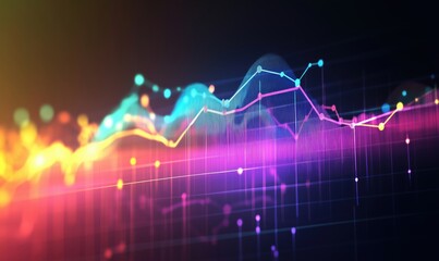 Poster - Colorful abstract data visualization with vibrant lines and dots representing trends and fluctuations in statistics