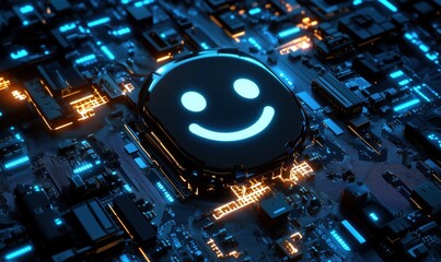 Poster - Smiley Face Circuit Board Design with Neon Lights and Technology Elements