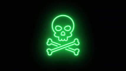 Poster - Neon skull crossbones icon animation, slow blink. Glowing neon jolly roger sign, looped slow flashing animation. Pirate skull emoji, corsair cranium, danger, death warning, skeleton. Green, yellow