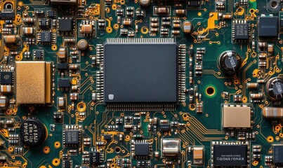 Poster - Close-up of intricate circuit board showcasing microchips, capacitors, and resistors in vibrant colors and detailed patterns
