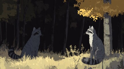 Poster - Two raccoons sitting in a dark forest at dusk, illuminated by a single light source.