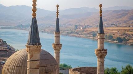 Wall Mural - a serene landscape with a large lake in the distance, viewed from a hill