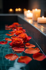 Poster - A peaceful bath with subtle rose petals floating, candlelight reflecting on tiled walls, signifying self-love,