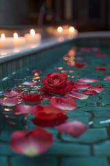 Poster - A peaceful bath with subtle rose petals floating, candlelight reflecting on tiled walls, signifying self-love,