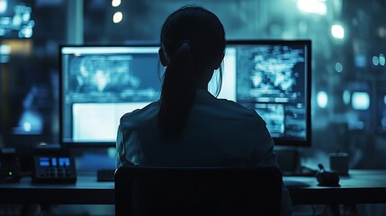 Wall Mural - Woman working late at night on multiple computer screens, illuminated by blue light.