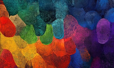 Poster - Colorful abstract fingerprint patterns creating vibrant visual texture and depth, showcasing a spectrum of colors from red to purple
