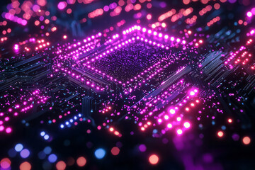 Poster - A neon-like circuit board of interwoven pink and purple lines, glowing against a deep black background,