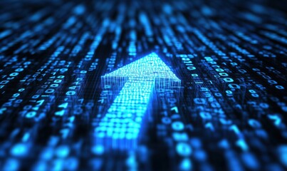 Poster - Digital upward arrow composed of glowing blue binary code representing data growth and technology advancement