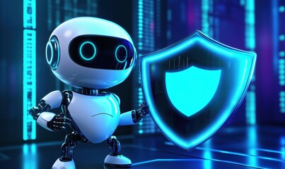 Poster - Robot holding glowing shield symbolizing cybersecurity and protection in digital world, futuristic technology concept