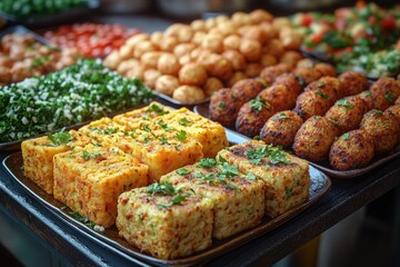 Poster - A table filled with various food trays and dishes