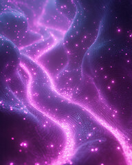 Poster - Semi-transparent purple cables curving across a deep magenta plane, linking intricate nodes glowing with neon highlights,