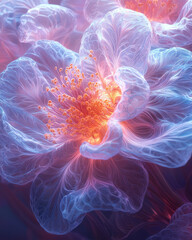Poster - A bloom-like burst of hot-pink flows morphing into spindly lavender filaments, coiling intricately in zero gravity,