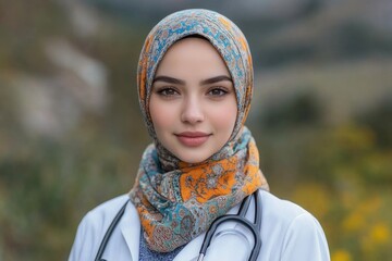 Aufkleber - A woman wearing a headscarf and stethoscope, likely a medical professional or nurse