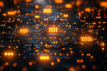 Poster - A futuristic circuit-board style pattern: short parallel lines in sunshine-yellow, connecting nodal squares on a charcoal plane,