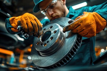 Poster - A person is working on the car brake system, with tools and parts nearby