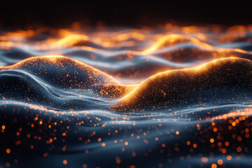 Poster - A wave-like crest of parallel golden lines, some intersecting to form small triangular segments, floating in darkness,