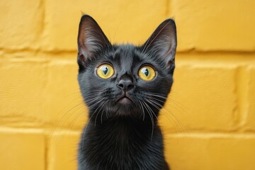 Wall Mural - A close-up shot of a black cat with bright yellow eyes