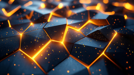Aufkleber - Sharp-edged polygons outlined in luminous yellow, each shape partially overlapping, floating on a jet-black canvas,