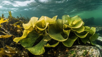 Poster - Underwater kelp forest scene showing vibrant green seaweed on rocks.