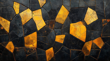 Poster - Sharp-edged polygons outlined in luminous yellow, each shape partially overlapping, floating on a jet-black canvas,