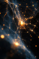 Fototapete - A circuit-inspired spiderweb of powder-blue strands, with bright golden anchor points forming a fractal net on obsidian black,