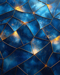 Aufkleber - Stylized geodesic shapes in bold sky-blue, each edge highlighted by narrow gold lines, building a cosmic 3D puzzle,