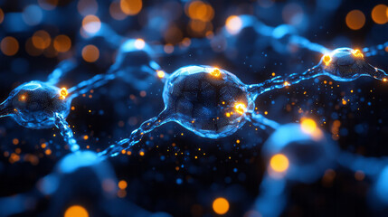 Poster - Overlapping polygonic structures in vibrant blue, each joint connected by small yellow lights, forming a hovering 3D web on black,