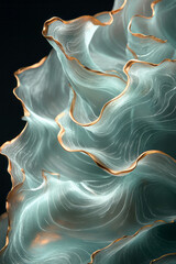Aufkleber - Serpentine layers of aqua merging with pale gold edges, undulating in gentle curves on a tranquil black stage,