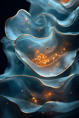 Poster - Serpentine layers of aqua merging with pale gold edges, undulating in gentle curves on a tranquil black stage,
